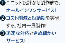 1   ユニット設計から製作まで、オールインワンサービス! 2   コスト削減と短納期を実現する、社内一貫製作! 3   迅速な対応ときめ細かいサービス!