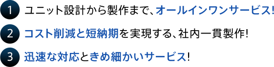 1   ユニット設計から製作まで、オールインワンサービス! 2   コスト削減と短納期を実現する、社内一貫製作! 3   迅速な対応ときめ細かいサービス!